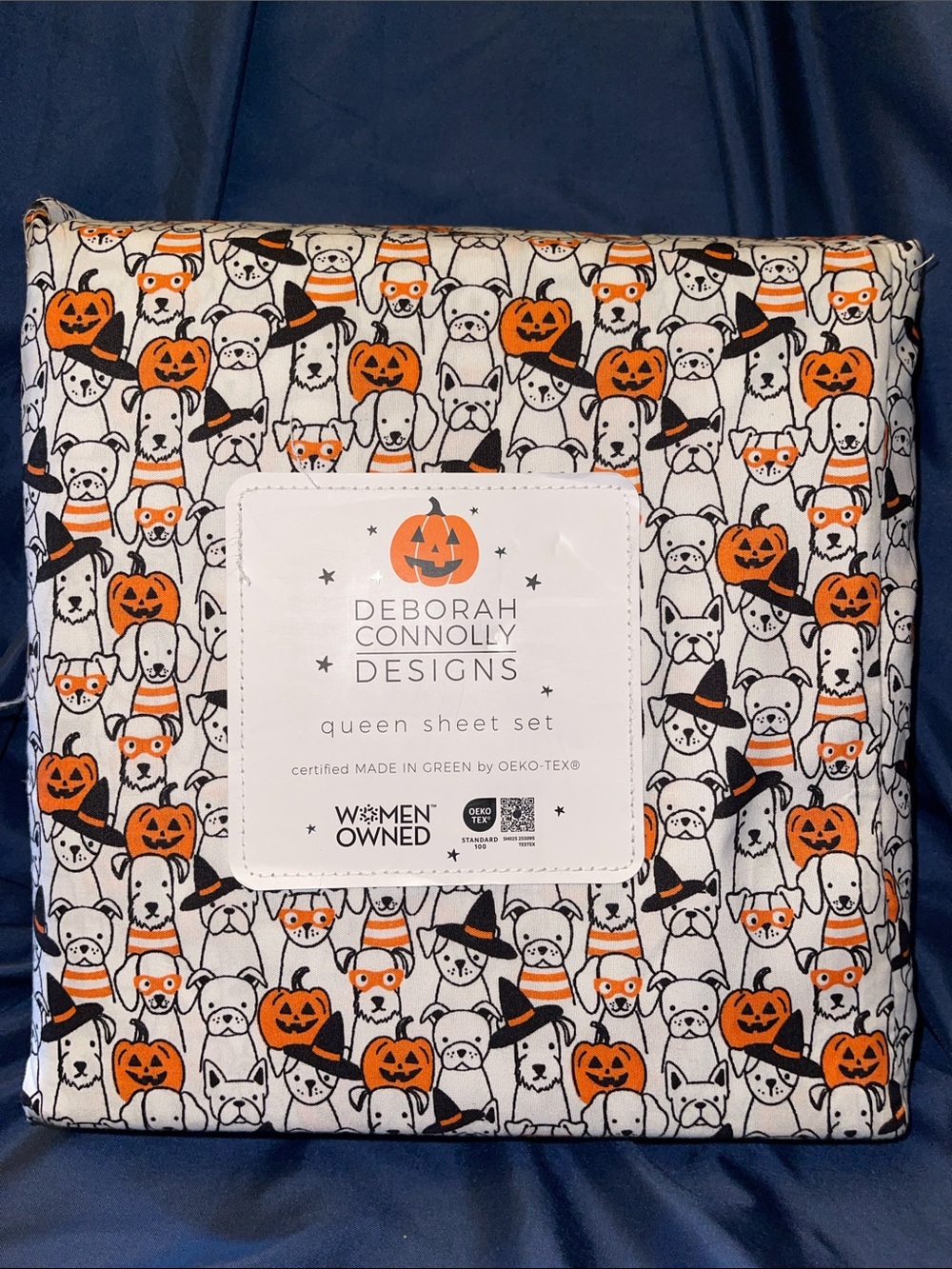 Deborah Connolly Designs Halloween Dog Print Queen Sheet Set - Orange & White